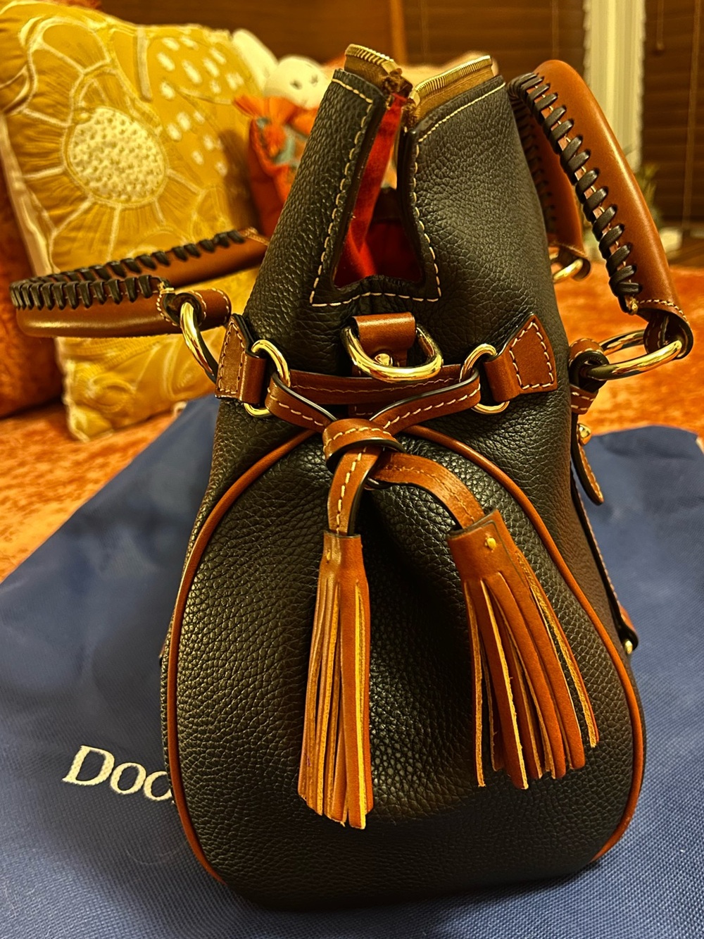 Dooney & Bourke Black Pebbled Leather Satchel with Brown Trim and Gold Hardware - Picture 3 of 16